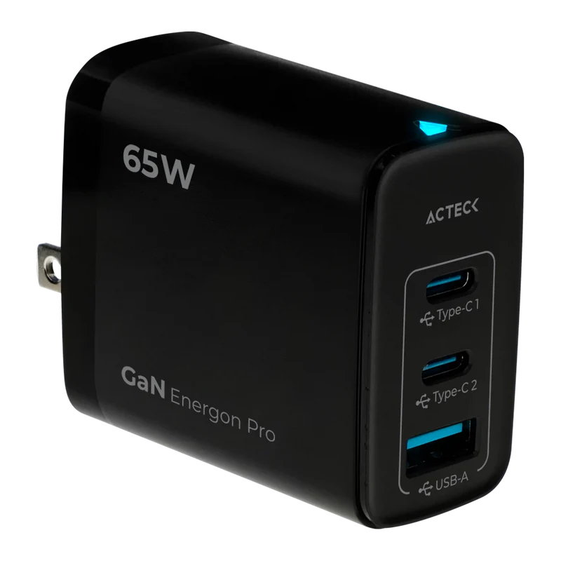 Cargador de pared Acteck Energon Pro 65W | 1 x USB-A | 2 x USB-C | Negro