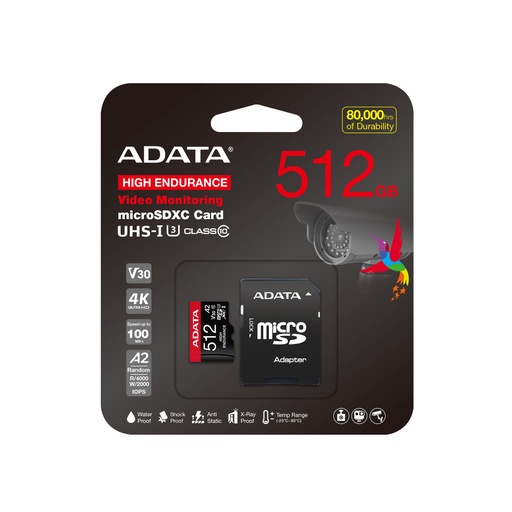 [AUSDX512GUI3V30SHA2-RA1] Memoria Flash Adata High Endurance, 512GB MicroSDXC UHS-I Clase 10, con Adaptador